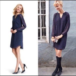 Cabi Harlequin Shift Dress /‎ Tunic purple black diamond print sheer sleeve Sz M